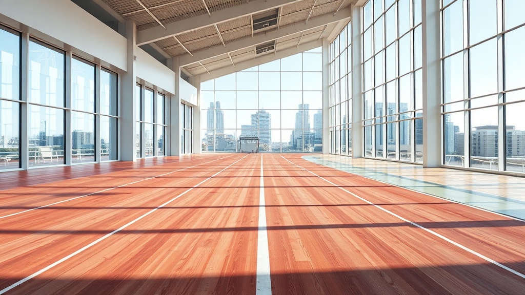 조명과 환기 시스템이 갖춰진 실내 체육 시설의 러닝 공간